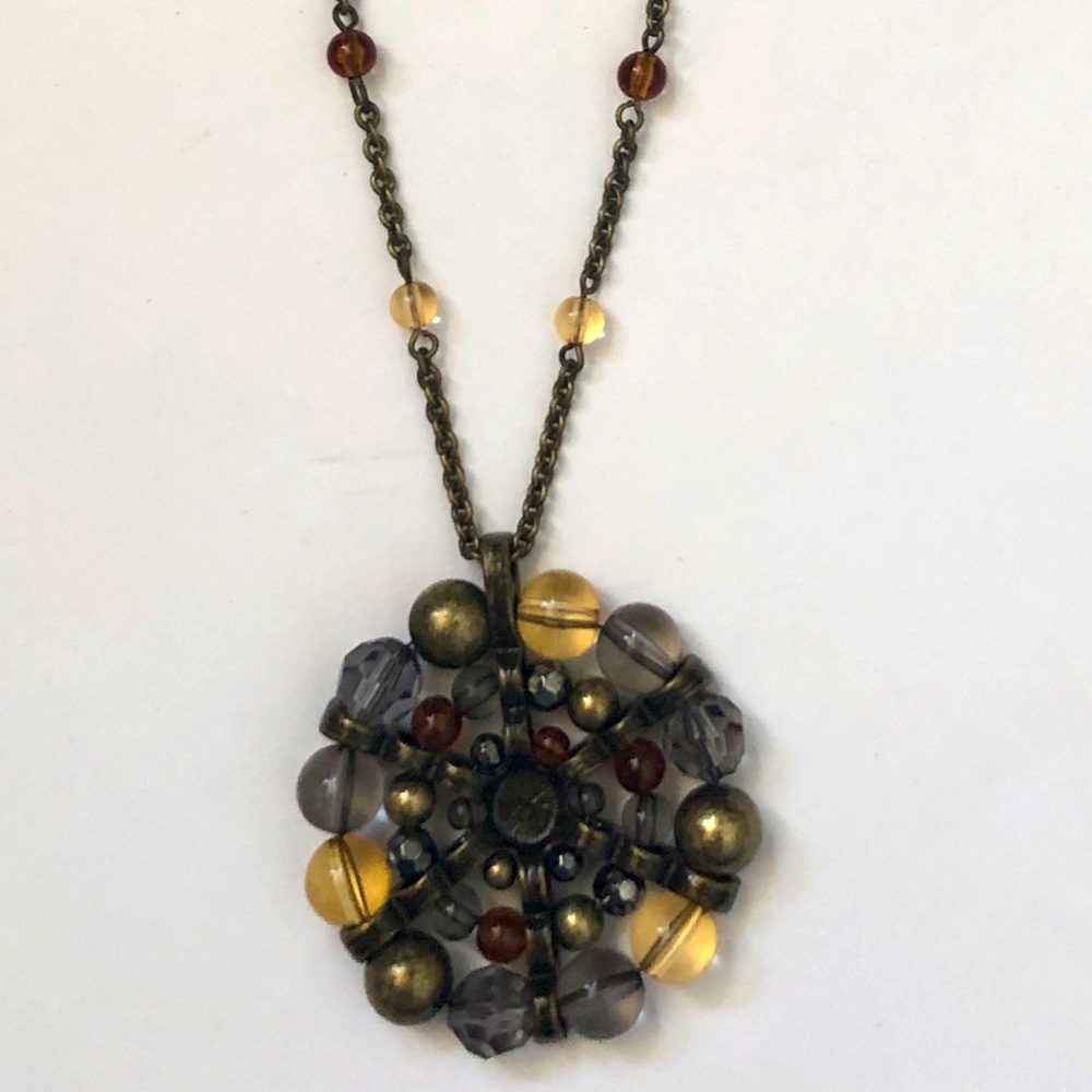 SAQ Vintage Flower Wheel of Life Long Bronze-Like Beaded Lucite Pendant Necklace - Picture 3 of 8